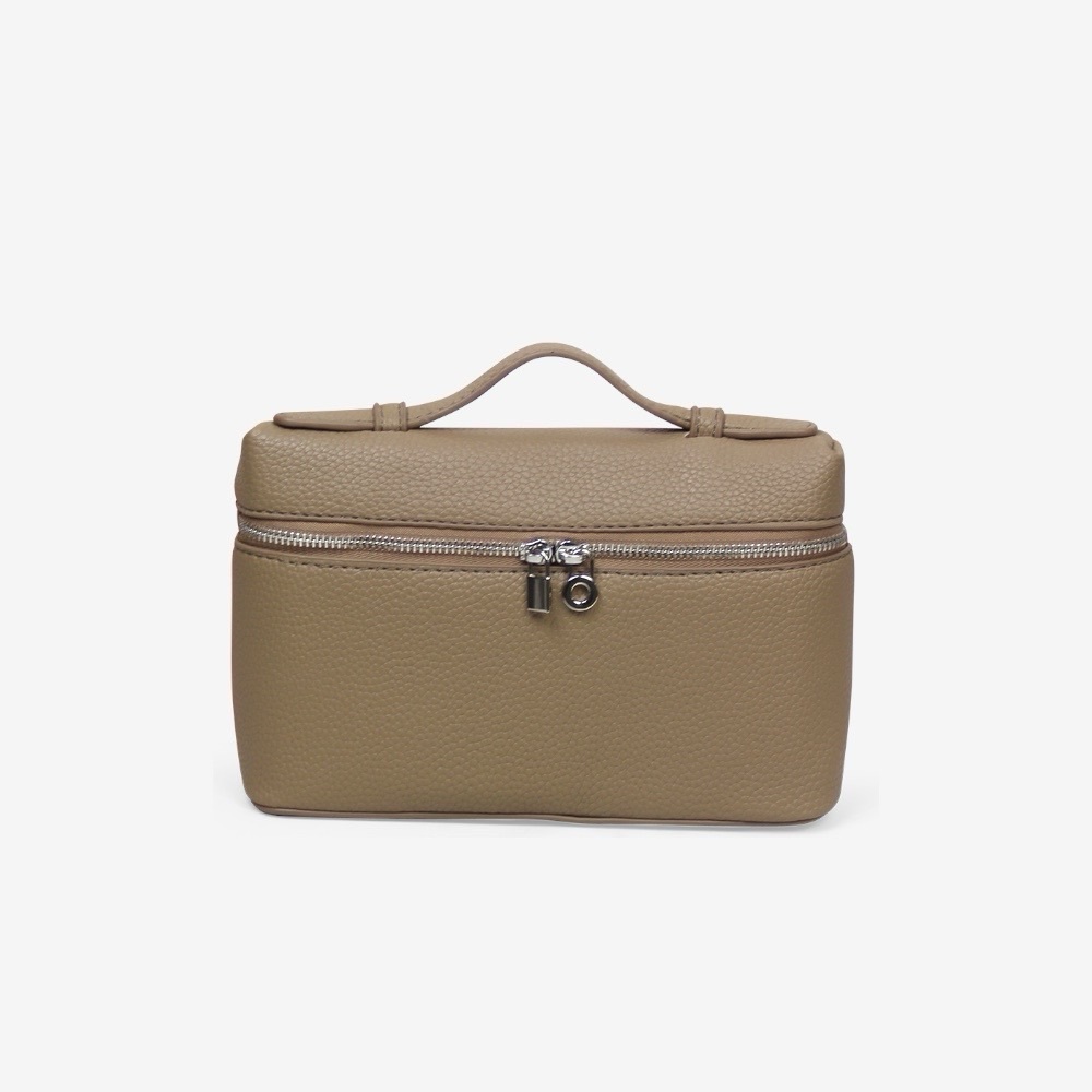 Loro Top Handle Extra Pocket Small Pouch Handbag, Tan Grained Faux Leather